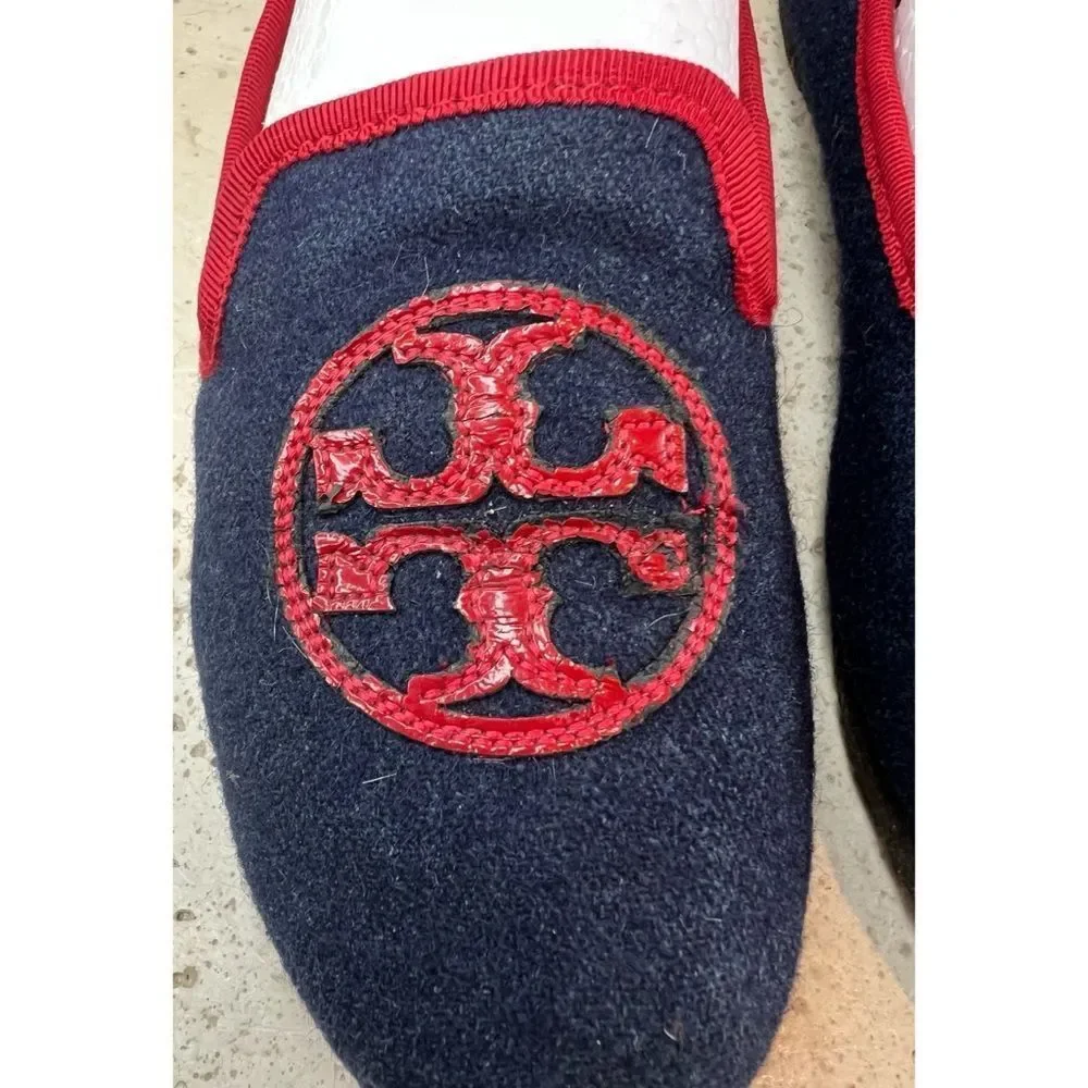 TORY BURCH Navy Blue Billy Logo Wool felt slippers Slip on Loafers Women's Sz 5